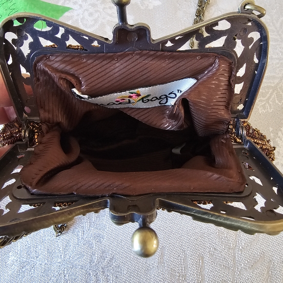 Brown Beaded Evening Bag Clutch Crossbody Detachable Strap Bridal Party Festival - Picture 8 of 10